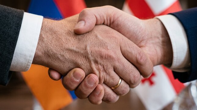 Professional business men performing firm handshake while wearing dark formal suits during an official diplomatic meeting between two sovereign nations