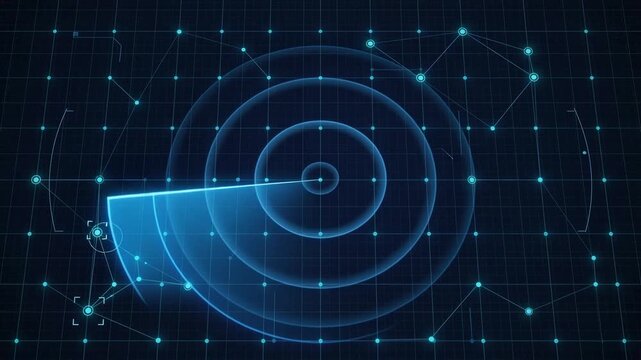 glowing blue futuristic radar sweep scanning dark digital grid with illuminated network data points cyber security tracking interface abstract high tech HUD background video loop.