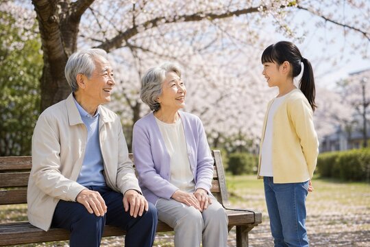 満開の桜の下で孫娘と会話する日本人の祖父母