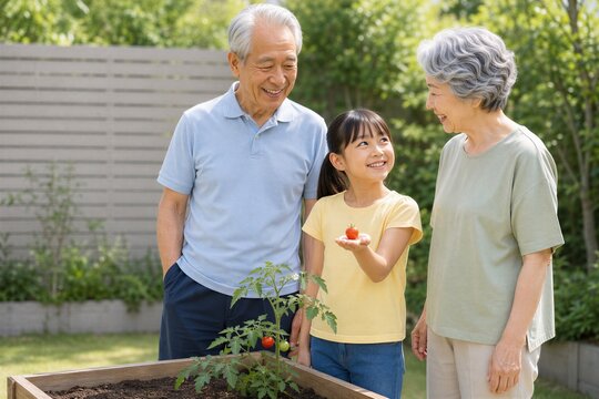 家庭菜園でミニトマトを収穫する日本人の祖父母と孫娘