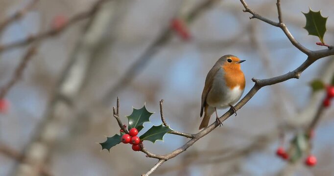 European robin perches on holly tree branch with red berries and green leaves under blue sky during cold winter season