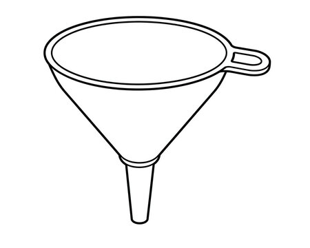Plastic kitchen funnel line drawing with wide opening and narrow spout featuring integrated hanging loop for pouring liquids 