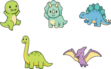 Fototapeta premium Kawaii Cute Dinosaurs Icon Set Prehistoric Animal Vector Illustration