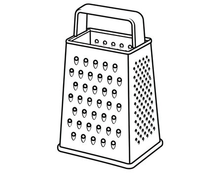 Box grater outline drawing isolated on white background metal kitchen tool with handle for shredding cheese vegetables grating food spices.