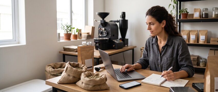 Female small business owner working on a laptop and writing notes at a desk in a coffee roastery with sacks of beans.