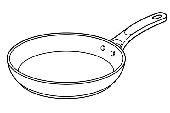 Frying pan line art drawing featuring long handle and shallow basin for cooking and saut&eacute;ing food items for coloring book projects and educational kitchen theme illustrations for young children.