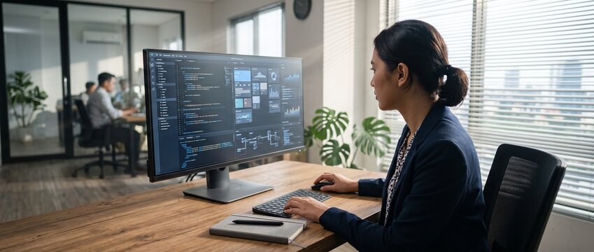 Asian female software developer programming code on an ultrawide monitor at a wooden desk in a modern office.