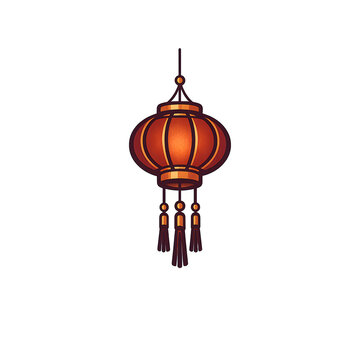 A hanging lantern with tassels, flat vector illustration, rich maroon with copper highlights