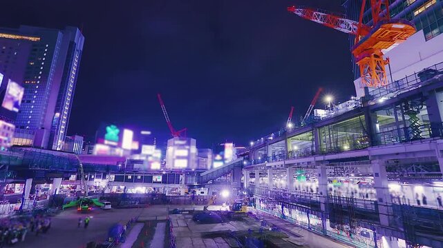 Tokyo Shibuya redevelopment construction site at night