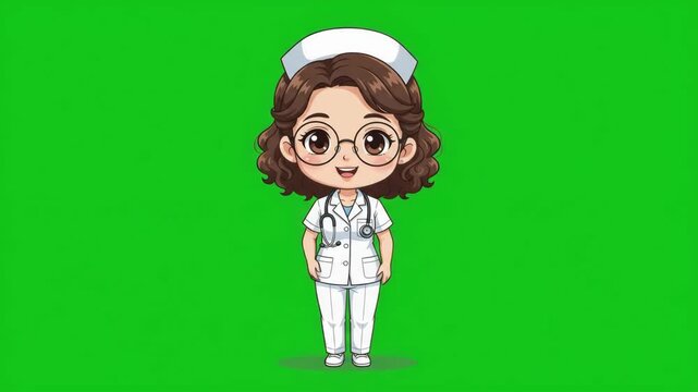 Cute cartoon nurse character with stethoscope and glasses on a green screen background, ready for healthcare and medical themes.