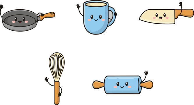 Kawaii Cute Kitchen Utensils Icon Set Cooking Baking Tools Vector Illustration