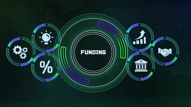 Business funding concept presented on a glowing digital HUD interface with icons for innovation, partnership, interest, and bank assets