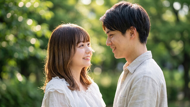 Happy young Japanese couple gazing lovingly at each other in a sunny park with soft green foliage background, portraying romance and affection