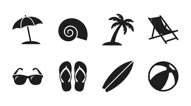 Minimalist black beach and travel icons set.