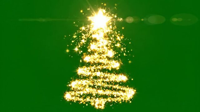 Animated golden christmas tree made of glowing particles on green screen for easy chroma key compositing
