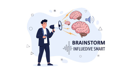 Obraz premium Man with megaphone generating ideas: Brainstorming, creativity, innovation, communication, and strategy concept vector illustration