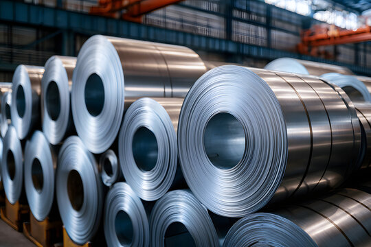 Massive metal coils piled in a factory storage area. Source for manufacturing, essential supply for heavy industry, rolled steel sheet inventory. Interior suited for industry, backdrop of production, 