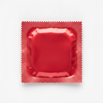 Red square condom packet with serrated edges on a white background, top view, concept of sexual health and safety