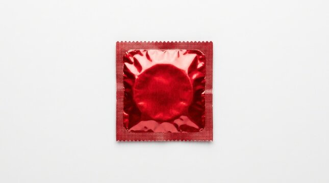 Red condom in foil wrapper on a white background, top view, concept of sexual health and responsibility