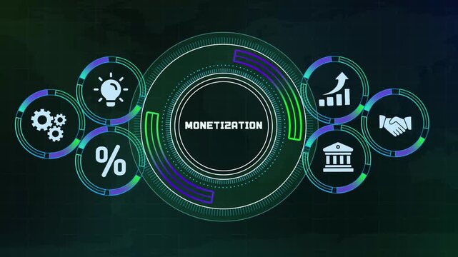 Futuristic digital monetization concept featuring abstract HUD interface with glowing financial icons for corporate revenue generation
