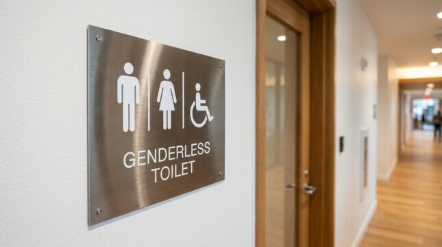 Genderless toilet sign on a wall in a modern building hallway, indicating an inclusive restroom for all genders and accessibility, concept of inclusivity and social progress