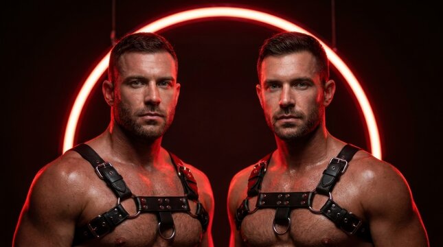 Two muscular men wearing black leather harnesses against a dark background with a glowing red neon circle, concept of masculinity and bold self-expression
