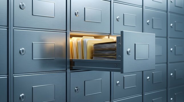 Metal filing cabinet with an open glowing drawer containing manila folders and documents for data security and efficient information management concept.