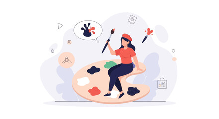 Fototapeta premium Woman Artist Creating Art with Palette and Brushes, Creative Process Illustration