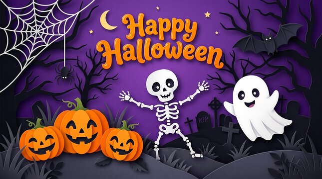 Festive halloween scene with smiling pumpkins a skeleton and a ghost in papercraft style