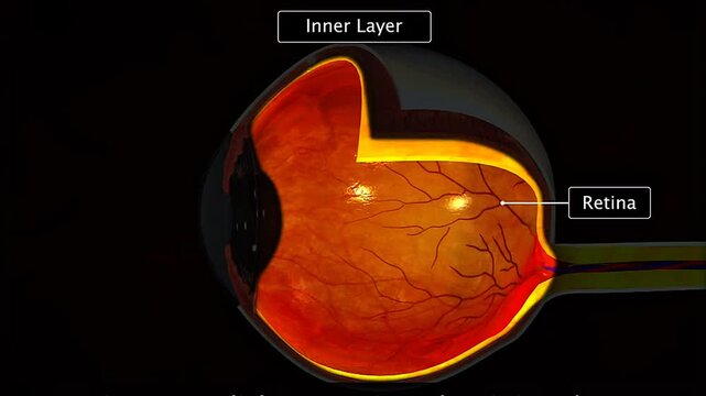 Inner layer of the human eye showing the retina, photoreceptors and neurons that process visual signals.