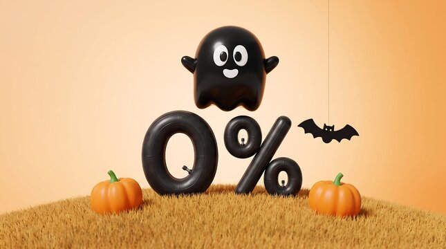Festive halloween ghost and zero percent sign with pumpkins on a fuzzy orange background