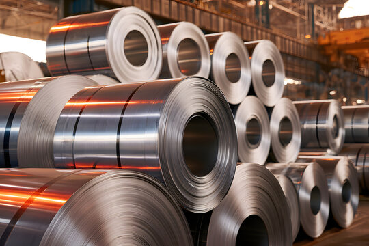 Large metal coils are stacked in a factory warehouse. They are raw material for production, heavy industry supply, and rolled steel sheet stock. The interior is industrial, the background is manufactu