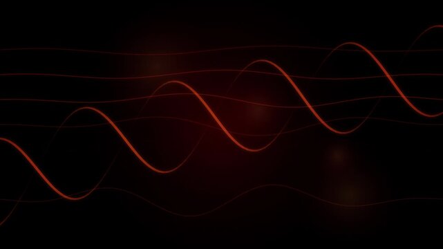 Red sine waves pulse and fade across a black background in a repeating pattern pulsating frequency oscillation rhythmic waveform vibration