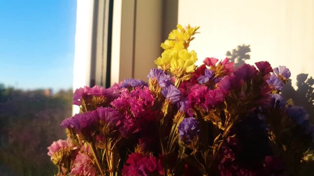 Dried flowers. A bouquet of colorful dried flowers. Preserving summer flowers. Floral design, interior decor.