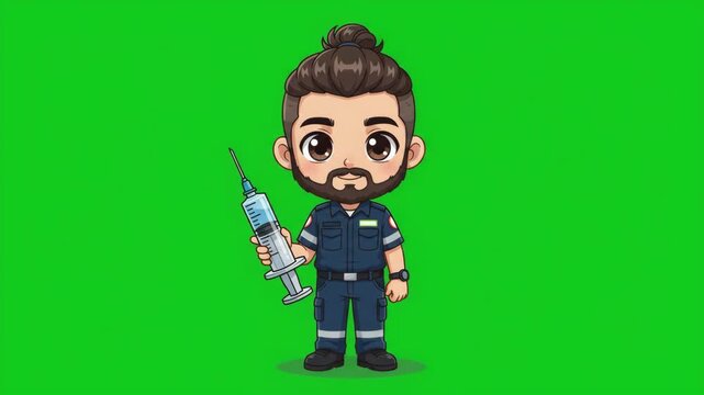 Cute cartoon male paramedic holding a large syringe, isolated on a green screen background, ready for medical injection or vaccination.