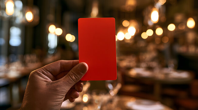 Hand clutches a pristine red card within a brightly illuminated restaurant where the tables are barely discernible in the background.