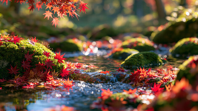 紅葉が浮かぶ苔むした渓流の美しい秋の風景