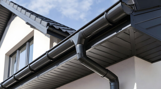 Installing modern black roof gutters and downpipes on the exterior of a residential house.