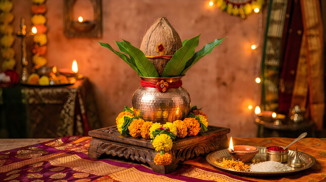 Celebrating the festival of lights a vibrant diwali scene with traditional decorations and auspicious offerings