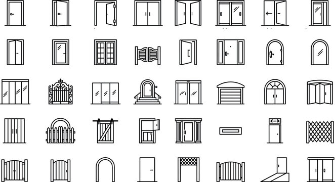 Door and Gate Line Icon Set with Single Door, Double Door, Arched Door, Garage and Fence Gate Symbols