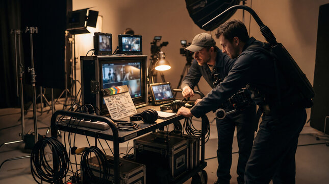 Crew reviewing footage on a video village monitor cart
