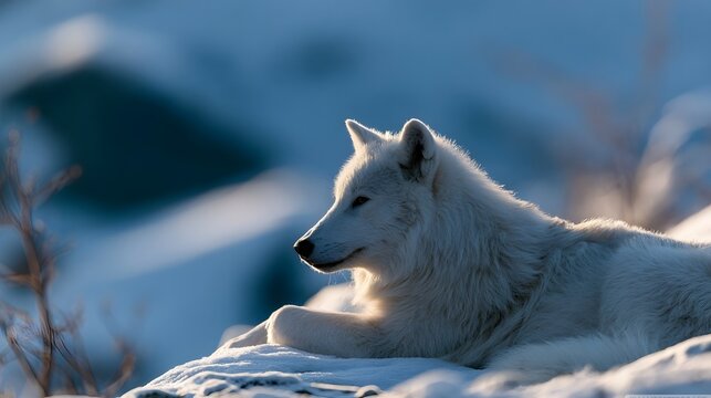 A white wolf rests peacefully on snow covered ground under soft natural light in a serene winter landscape