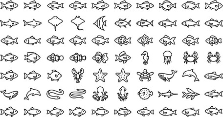 Obraz premium Marine Life Line Icon Set with Fish, Clownfish, Seahorse, Crab and Sea Turtle Symbols