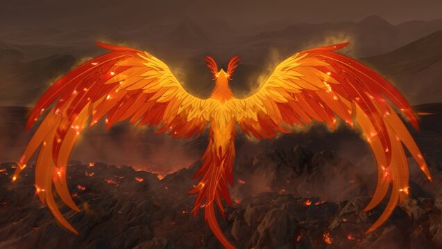 Majestic Fiery Phoenix Rising from Volcanic Landscape