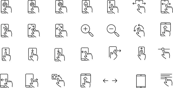 Touchscreen Gesture Line Icon Set with Swipe, Tap, Pinch Zoom, Scroll and Phone Hand Symbols