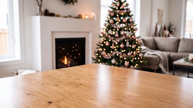 Wooden table in elegant Christmas living room with fireplace and decorated tree