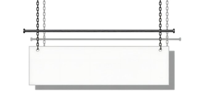 Blank white rectangular sign hanging from metal chains on a horizontal bar isolated