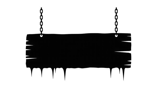 Black silhouette of a wooden sign hanging on chains isolated on white background