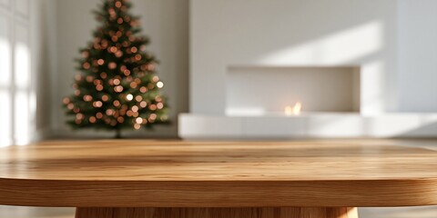 Obraz premium Empty wooden table with blurred Christmas tree and warm lights in modern interior