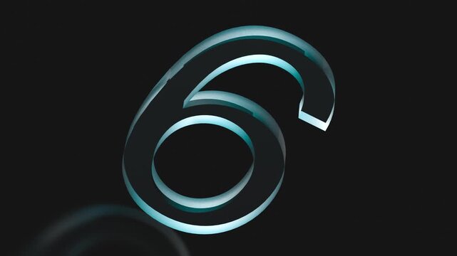 A blue glass 6 on a black background with a reflection. A transparent 6. The number 6, one-sixth, animation. 3D render